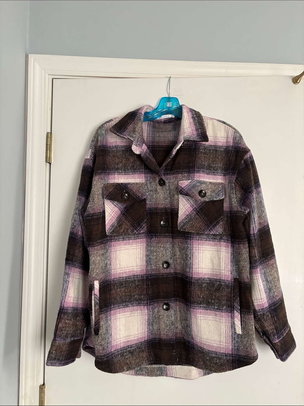 Staccato Plaid Shacket in Lavender, Brown & Cream Medium